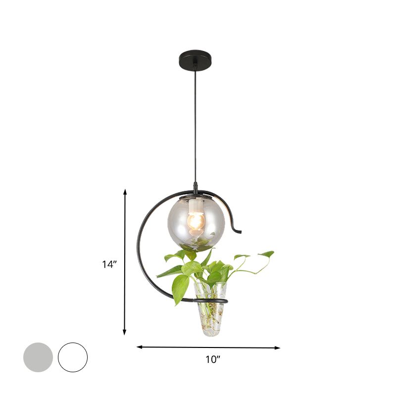 Industrial Globe Metal Hanging Pendant 1 Bulb Milk White/Smoke Grey Glass LED Suspension Light in Black/Gold