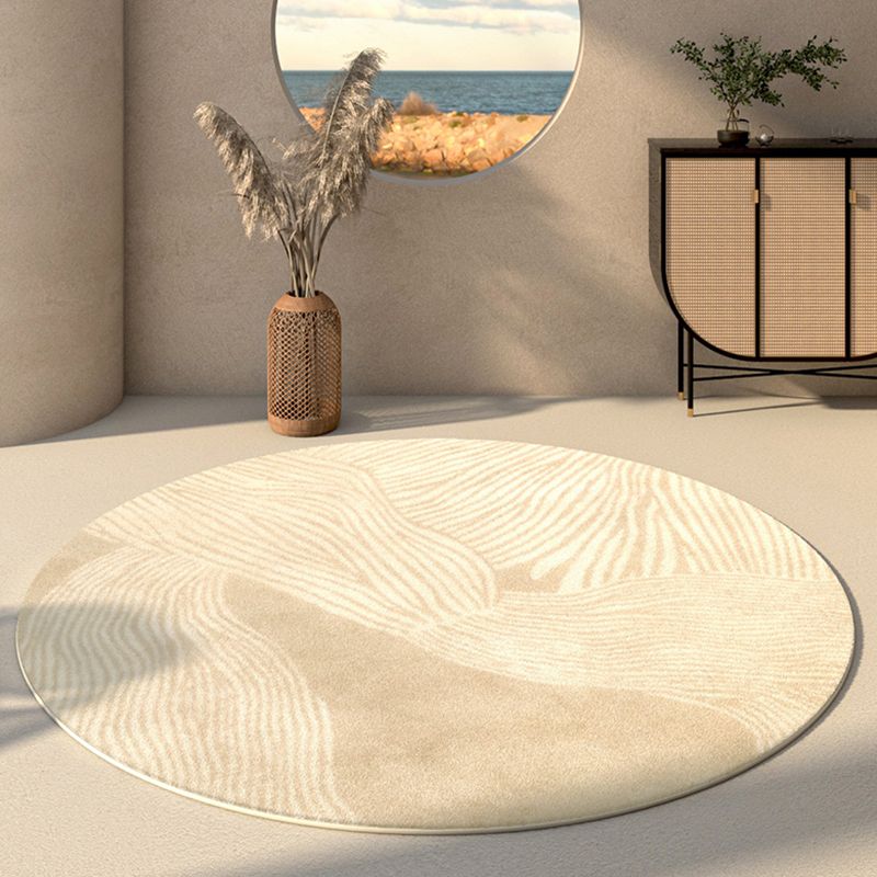 Round Apricot Tone Simple Area Carpet Polyester Stripe Indoor Rug Easy Care Carpet for Living Room