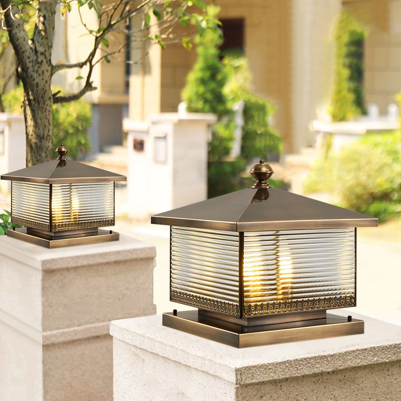 Square Shape Metal Pillar Lamp Modern Style Waterproof Outdoor Light in Bronze