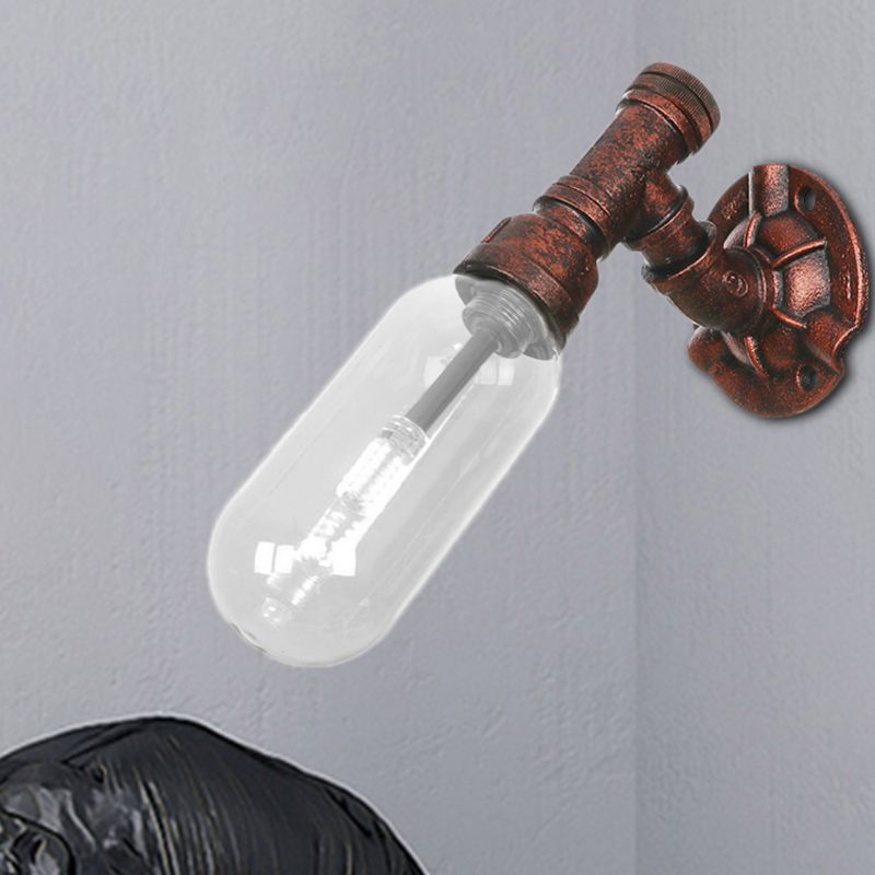 1 Bulb Wall Light Capsule Clear Glass Loft Dining Room Sconce Lighting Fixture in Weathered Copper with Pipe Design
