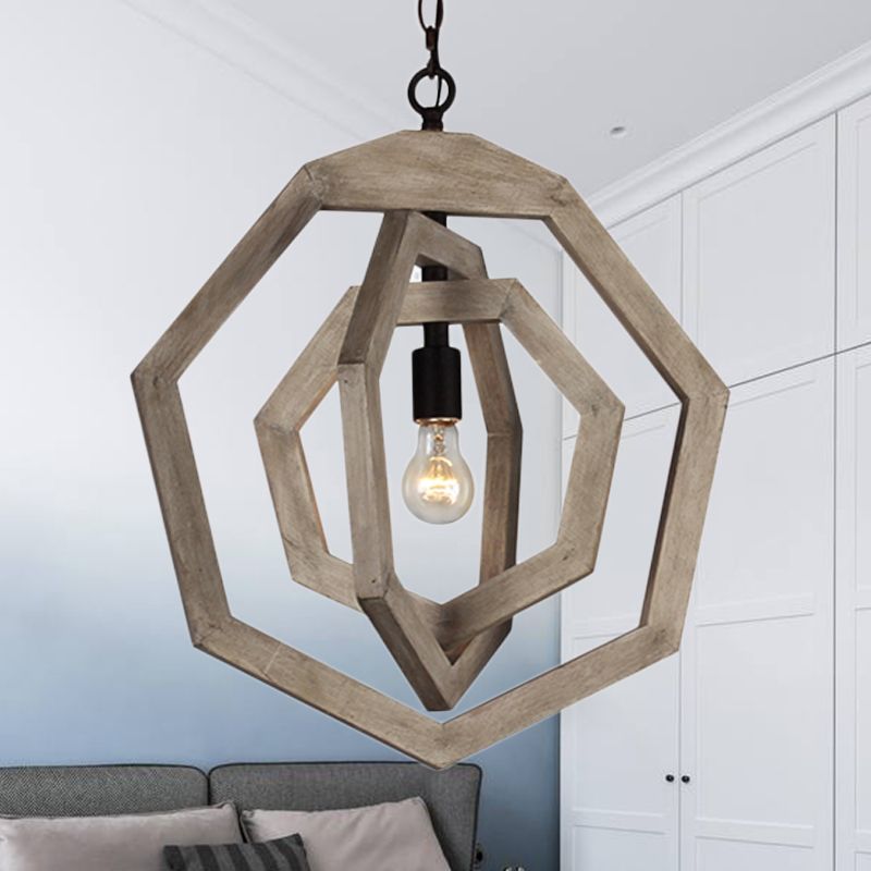 1 Light Pendant Lamp with Heptagon Grey/White/Beige Wood Frame Industrial Hallway Hanging Lamp Kit