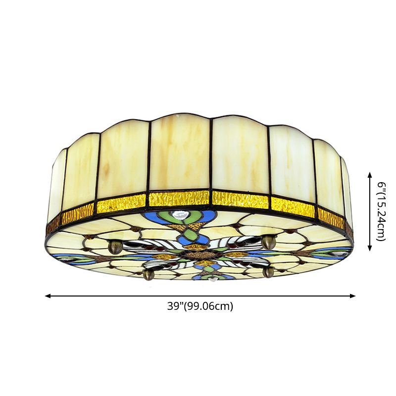 Drum Ceiling Mount Light Mediterranean Stained Glass Flush Mount Fixture for Bedroom