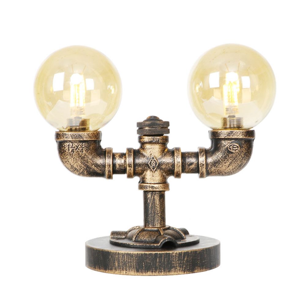 Tarea de sombra redonda de vidrio transparente/ámbar iluminación vintage estilo 2 luces lámpara de escritorio de cafetería en plata antigua/bronce