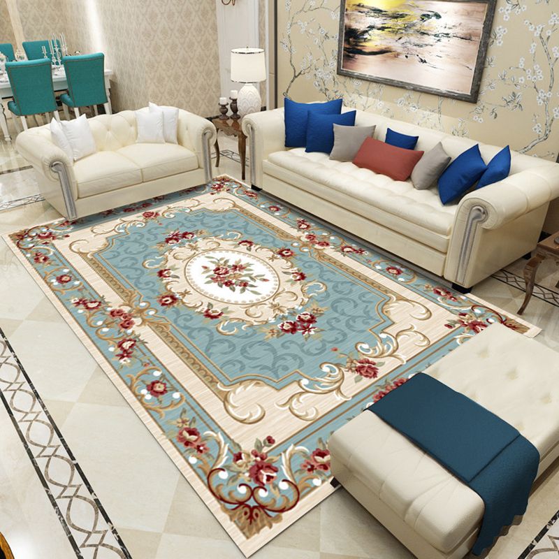 European Living Room Area Carpet Floral Pattern Polyester Area Rug Anti-Slip Easy Care Rug