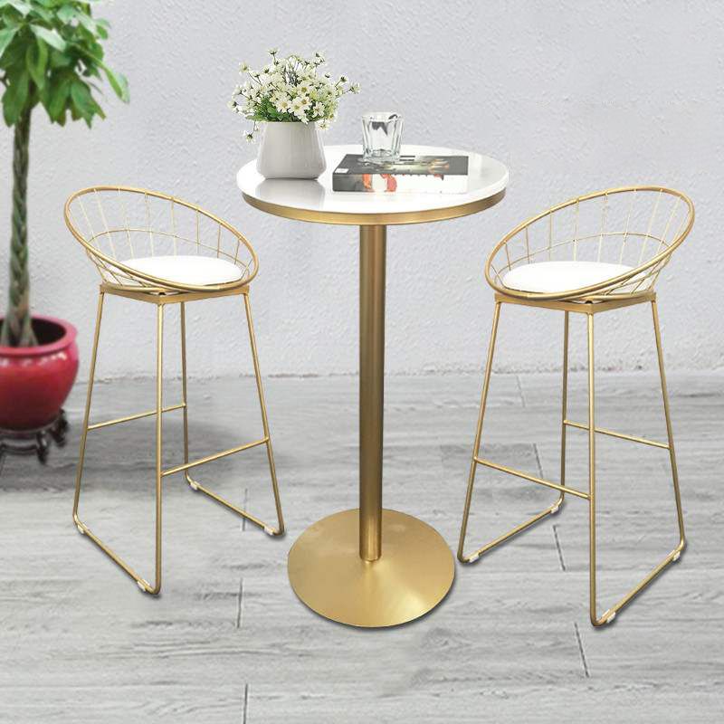 Glam Bar Dining Table Pedestal White Bistro Bar Table with Metal Base