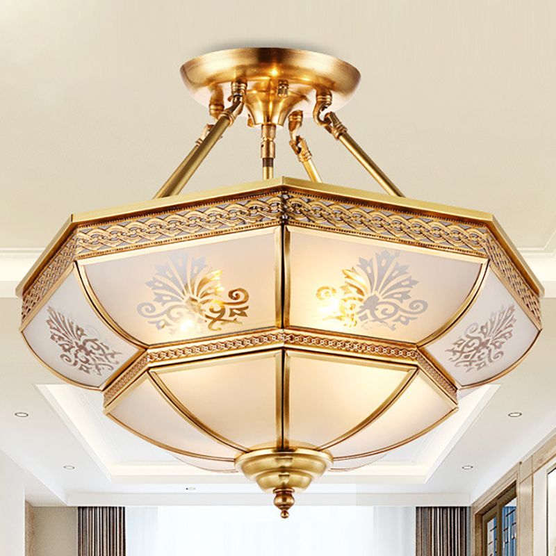 Ivory Glass Brass Ceiling Flush Bowl 4 Heads Colonialist Semi Mount Lighting for Living Room