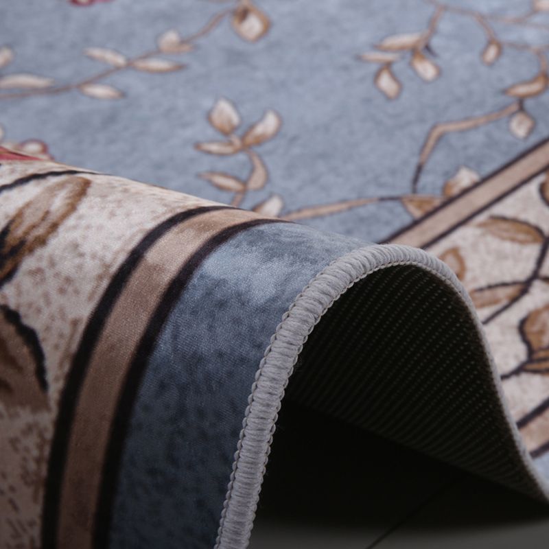 Dark Blue Modern Rug Polyester Flowers Indoor Rug Non-Slip Backing Rug for Living Room