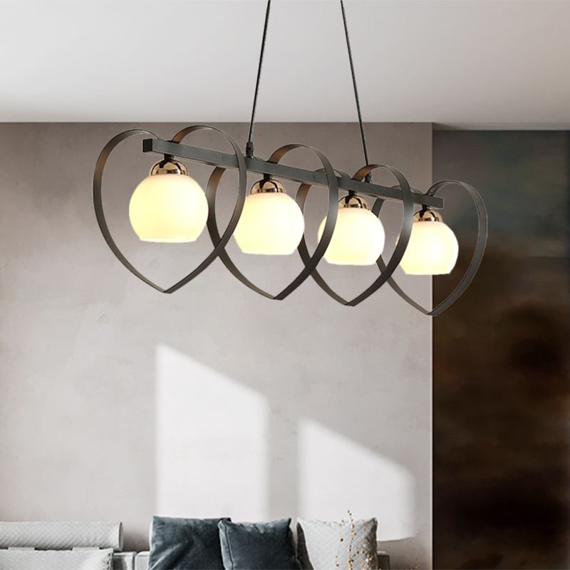 Opal Glass Global Island Lighting Contemporary 3/4 Lights White/Black Hanging Ceiling Lamp with Loving Heart Frame