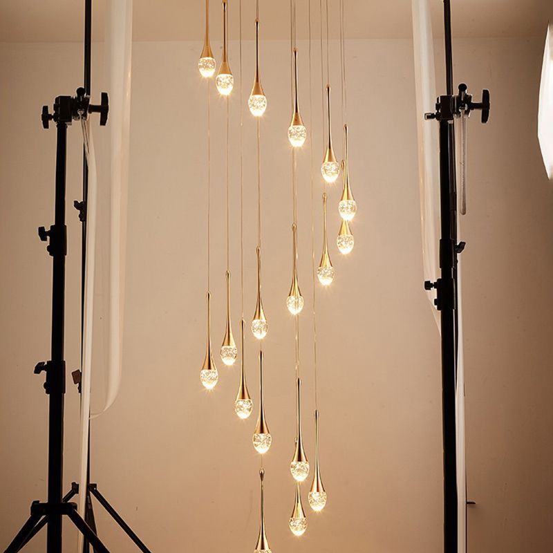 Crystal Gold LED Hanging Lamp in Modern Luxury Style Electroplate Aluminium Pendant Light for Stairs