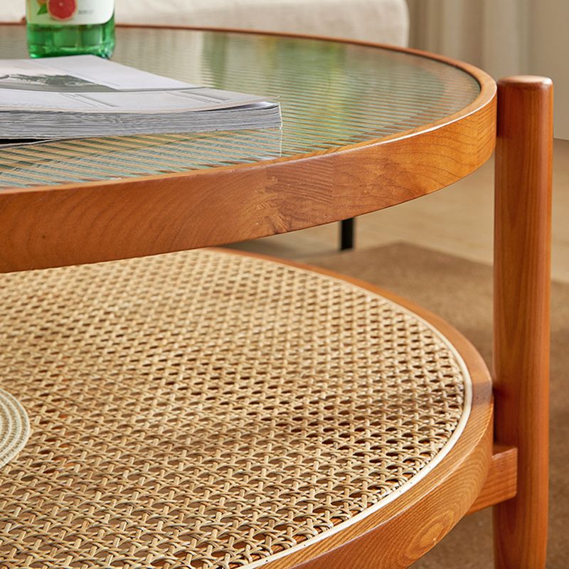 Tropical Round Cocktail Table Glass Top Coffee Cocktail Table with Shelf