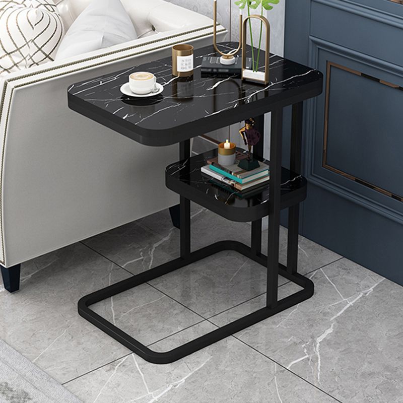 Frame Base Design Is White/black Rectangular Stone Plate Top Side Table