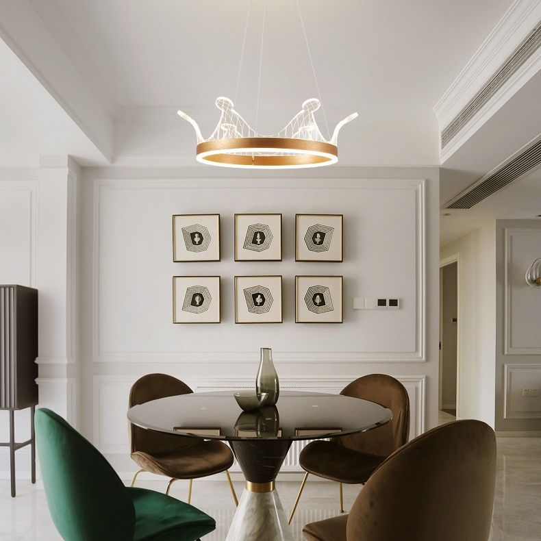 Minimalist LED Suspension Light Gold Crown Shaped Chandelier with Acrylic Diffuser