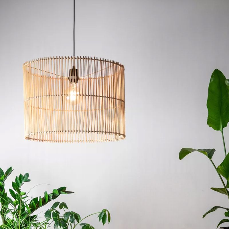 Rattan Drum Shaded Ceiling Light Modern Single Hanging Pendant Light for Restaurant