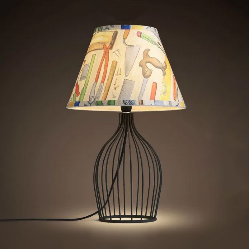 1 Head Barrel Night Table Lamp Traditional Black Nightstand Lighting with Metal Wire Cage Base
