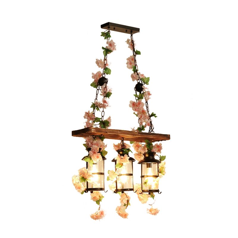 Lantern Restaurant Island Ceiling Light Retro Wooden 2/3 Heads Pink/Green LED Drop Lamp with Plant/Flower Decor