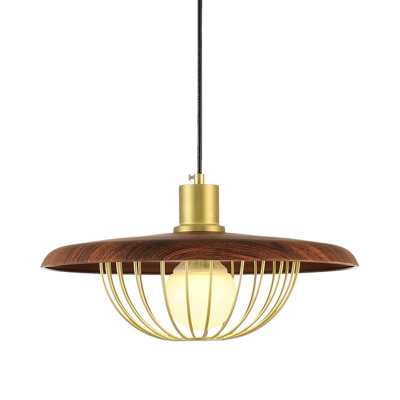 1-licht houten eenvoud hangend licht met gouden ijzeren kooi schaduw moderne stijl slaapkamer verlichting armatuur