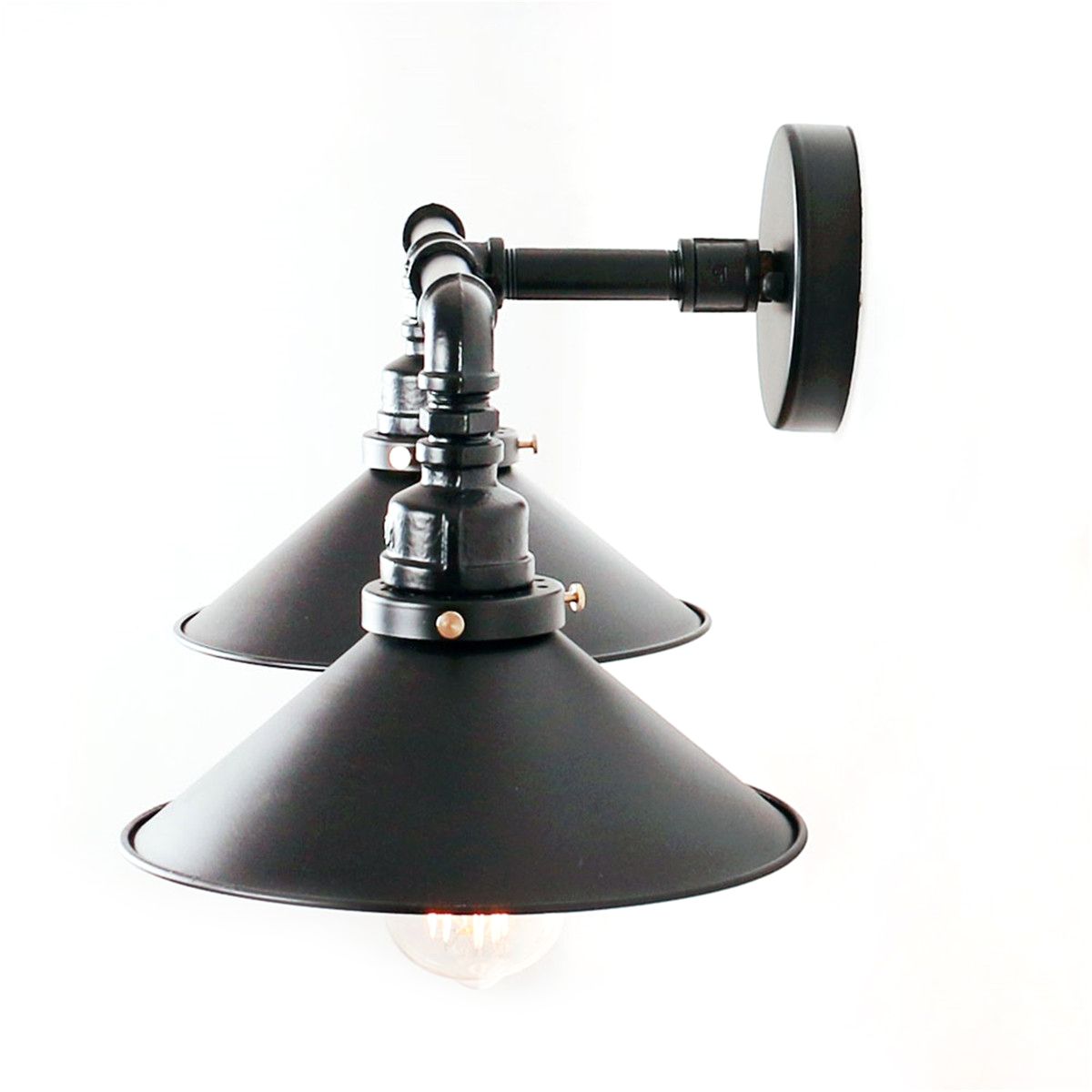 Black Cone Wall Lighting Industrial Metal 2 Lights Living Room Sconce Lamp with Round Backplate