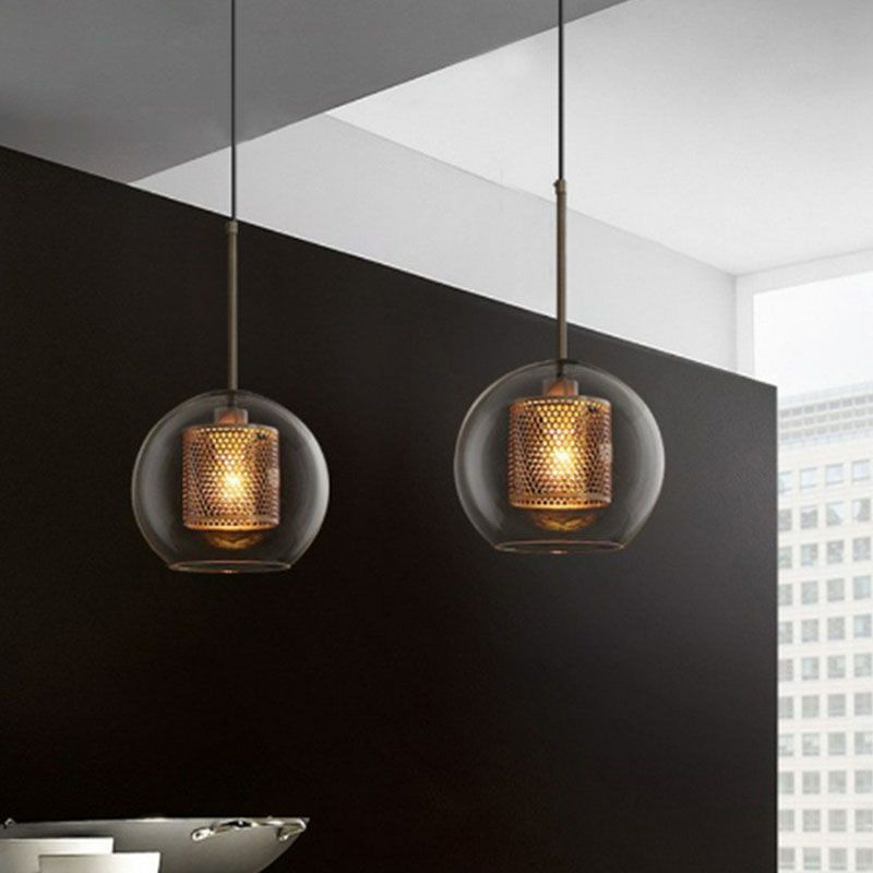 Clear Glass Sphere Suspension Lamp Modern 1 Bulb Hanging Pendant Light with Mesh Screen