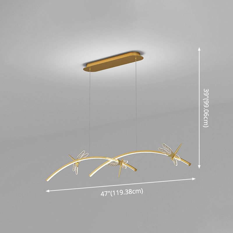 Curve Linear LED Island Pendant Minimalist Metal Restaurant Ceiling Light with Dragonfly Decor