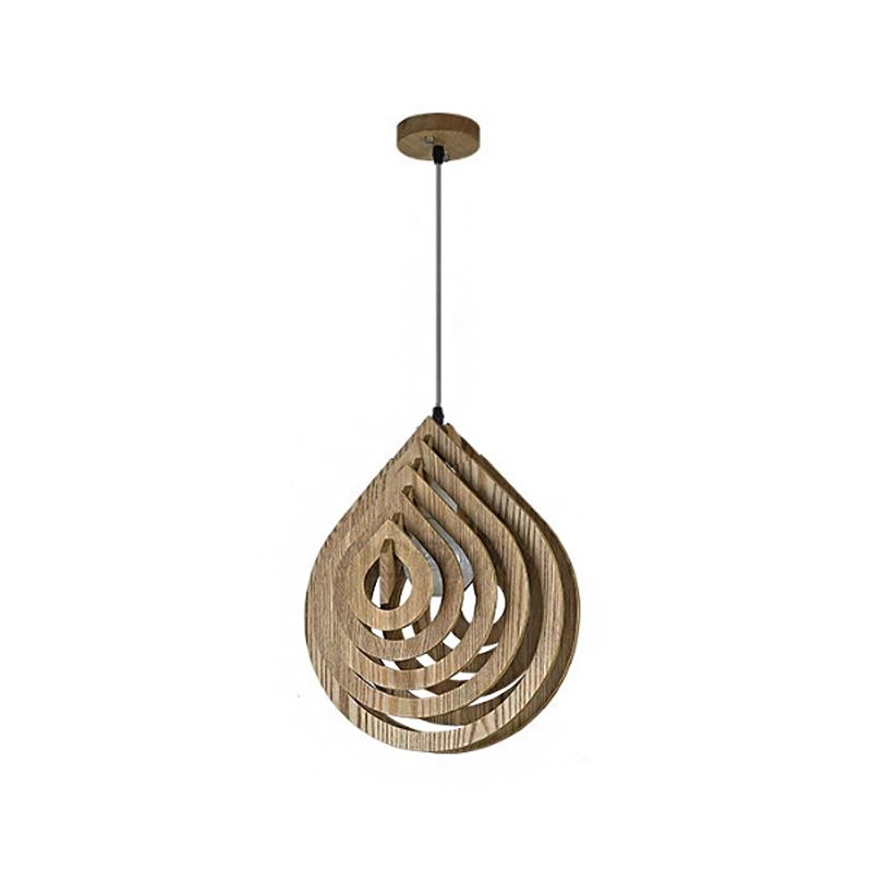 Hollowed-out Droplet Pendant Lighting Modern Wood 1-Light Bedside Down Lighting in Beige