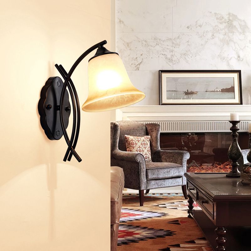1 Light Milky Glass Wall Lamp Rustic Black Bell Shape Living Room Sconce Light Fixture