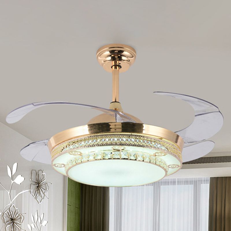 Gouden ronde LED-plafondventilator Licht Minimale wandregeling/afstandsbediening/frequentie Converteerbare kristal semi-montagelamp in wit/kleurveranderend licht