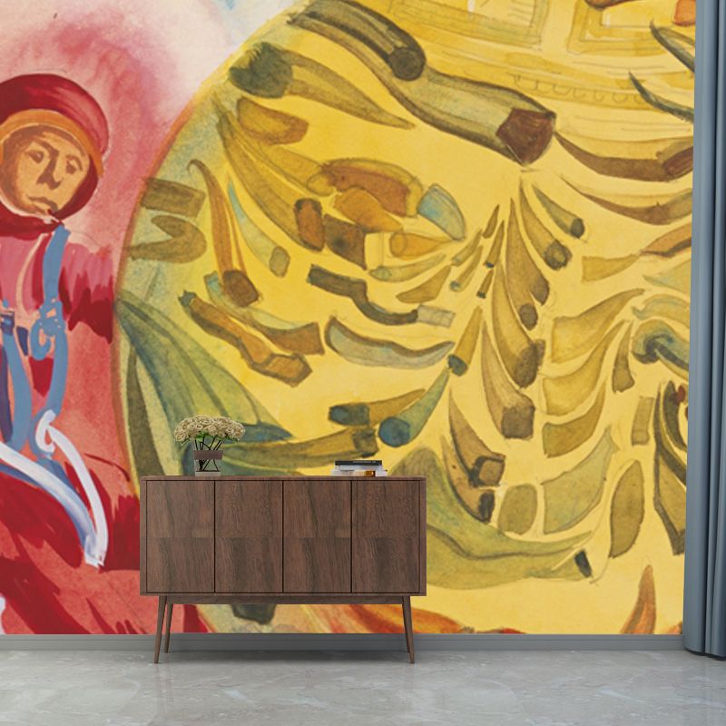 Spacemen in Sphere Mural Wallpaper Red and Yellow Surrealism Wall Decor for Bedroom