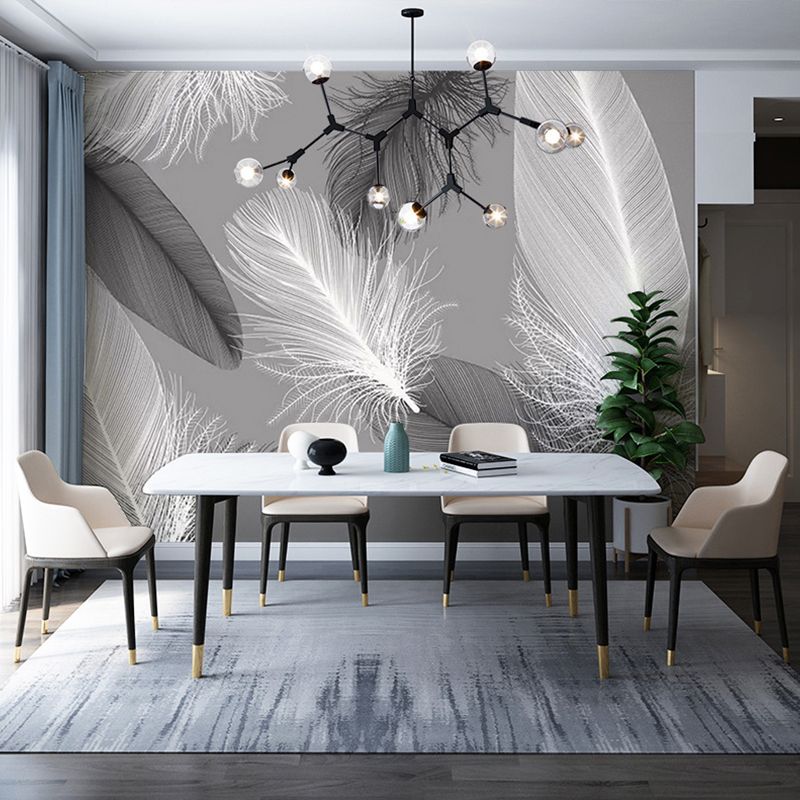 Light Feather Mural Wallpaper for Living Room Decor, Grey and Black, Made to Measure