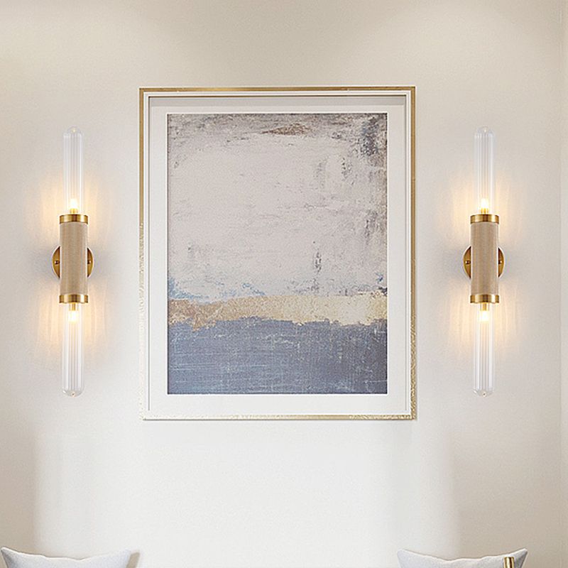 Contemporary 2 Heads Sconce Gold Tubular Wall Mounted Light Fixture with Fluted Glass Shade