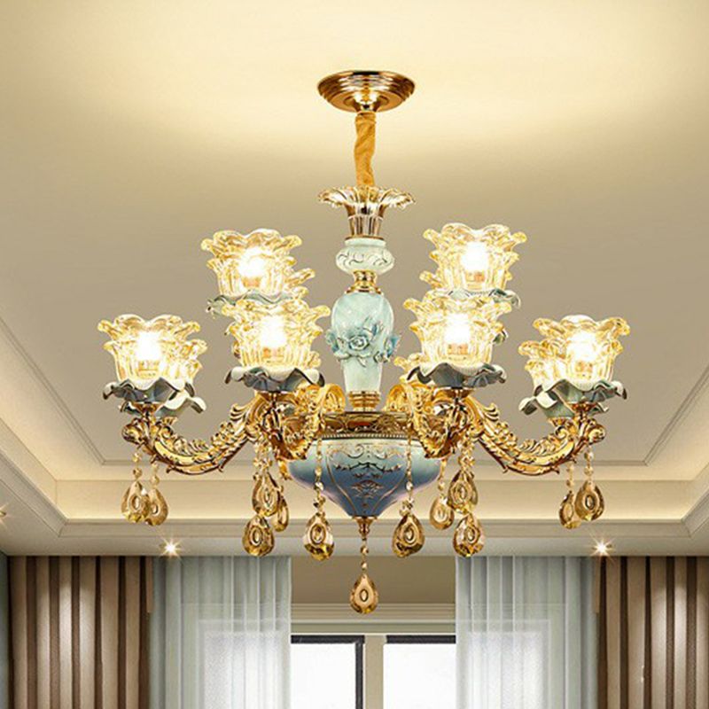Blau geschichtete Blume auf Kronleuchter traditioneller klarer Kristallglas Schlafzimmer Suspension Licht