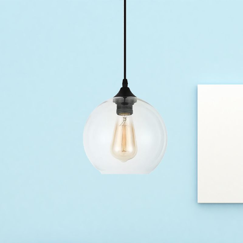 8 "/10"/12 "Luce a sospensione larga globo industriale 1 lampada appesa a grigio chiaro/trasparente in nero