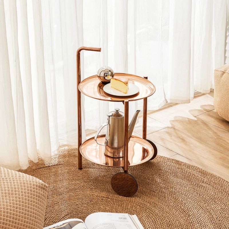 Mid-Century Metal Round Tray Top Side Table 25-inch End Table with Wheel and Shelf