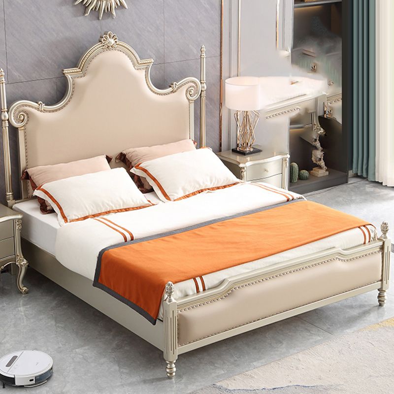 Solid Wood Upholstered Bed Frame Victorian Beige Standard Bed with Nailhead Trim
