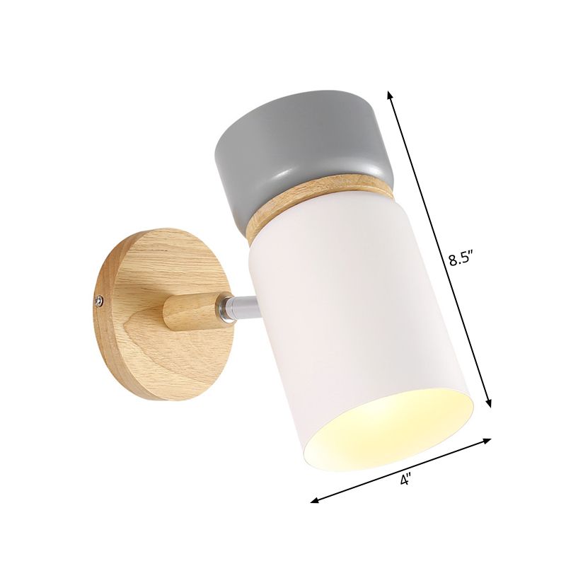 Grey-White Cylindrical Rotating Sconce Nordic Single Iron Wall Mounted Lamp with Wood Accent