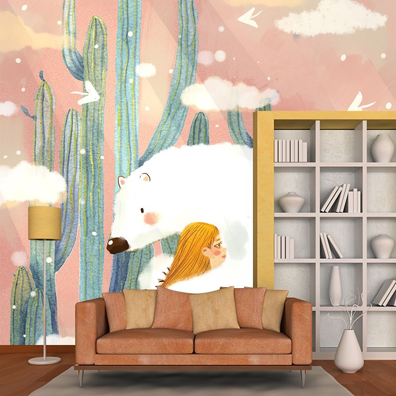 Bear and Girl Hug Mural Artistic Non-Woven Material Wall Decor in Pink and White