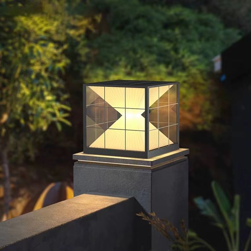 Square Shape Metal Solar Pillar Lamp Modern Style 1 Light Outdoor Lights in Black