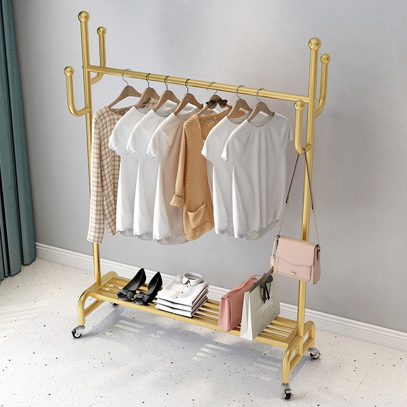 Classic Metal Clothes Hanger Castors Detail Free Standing Coat Rack with Storage Shelving