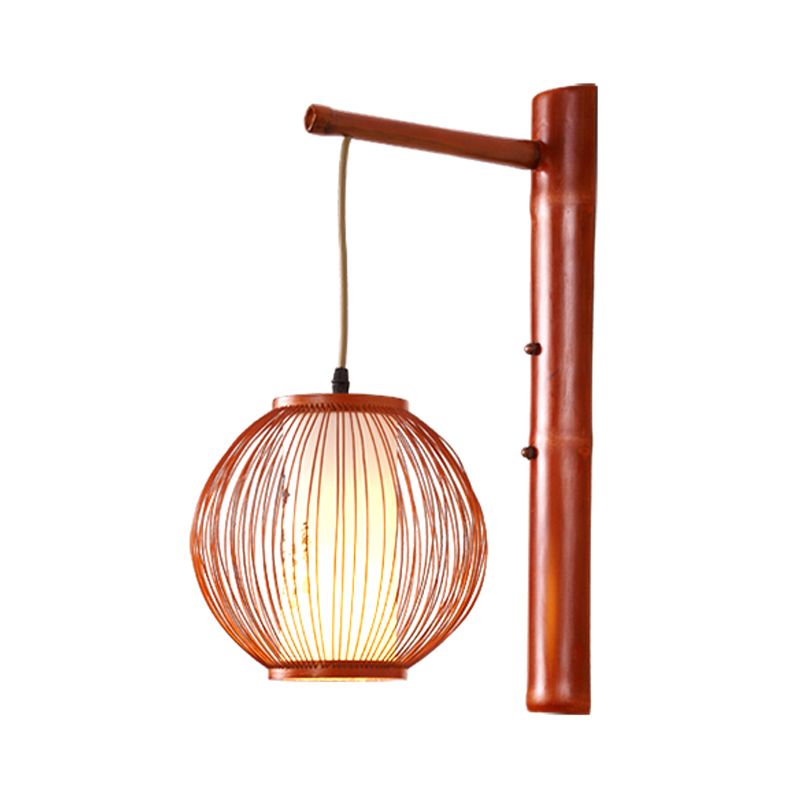 Global Wall Lighting Traditional Bamboo 1 Bulb Bronze Sconce Light Fixture with Inner White Cylinder Parchment Shade