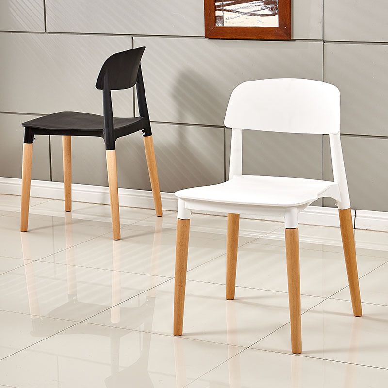Contemporary Dining Side Chair with Wooden Legs and Plastic Back