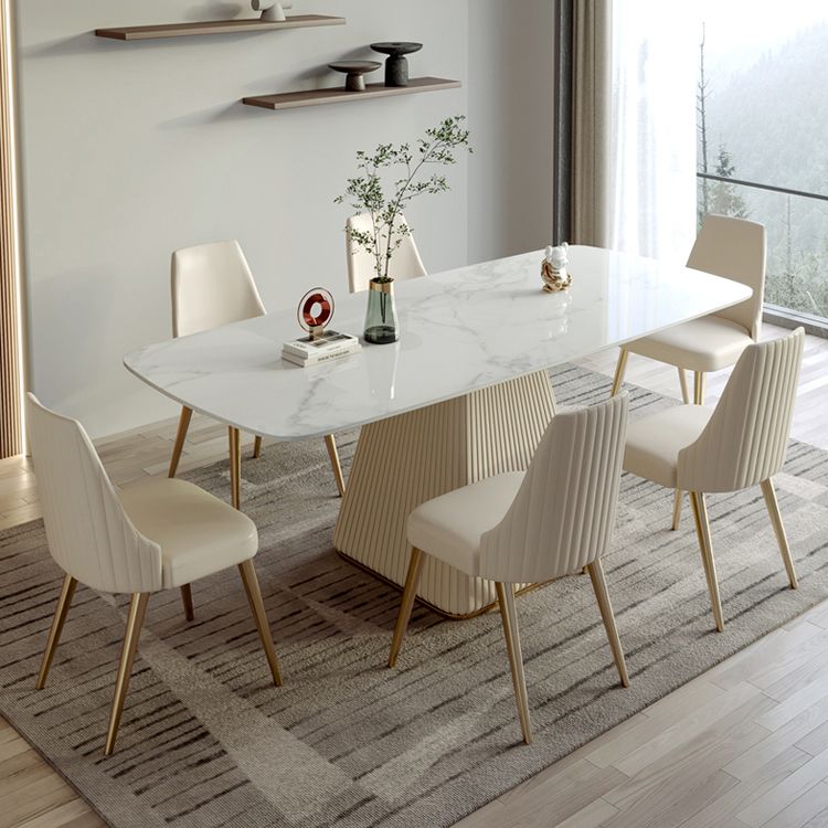 Mesa de comedor de piedra sinterizada de estilo contemporáneo con mesa fija blanca y base de pedestal