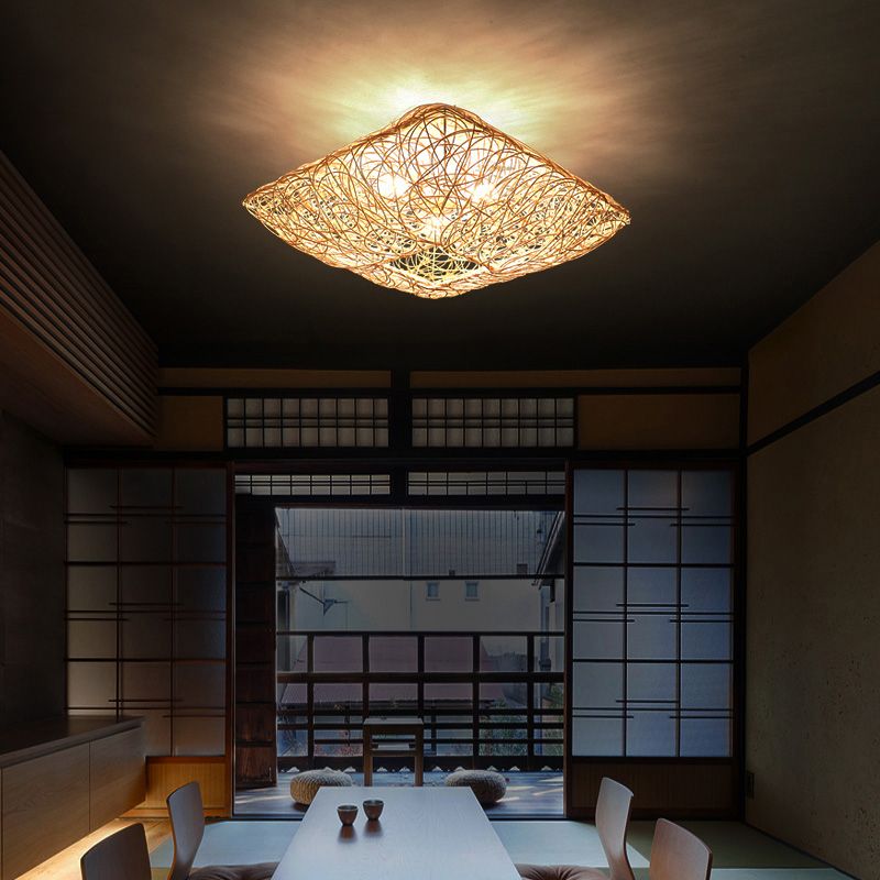 Quadratform Deckenlampe Asiatischer Bambus 3 Lichter Flush Mount für Esszimmer