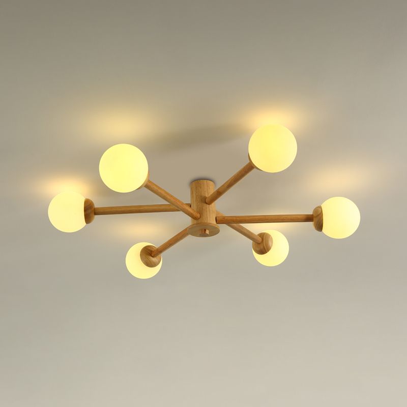 Modern Flush Light Fixtures Wood Sphere Flush Mount Lamp in Brown for Living Room