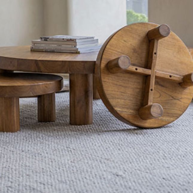 Contemporary 4 Legs Brown Solid Wood Round Coffee Cocktail Table