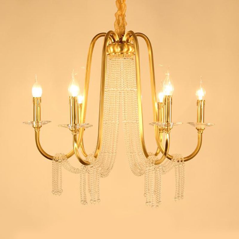 Gold 6 Lumières Pendard Chandelier Lodge Crystal Curvy Plafond Suspension Lampe pour chambre à coucher