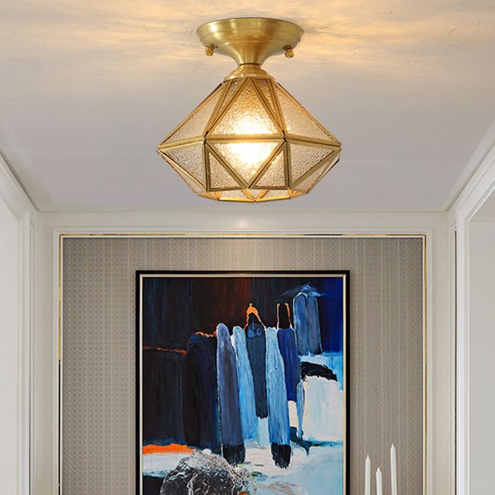 Brass Geometric Ceiling Light in Colonial Style Glass 1-Light Flush Mount