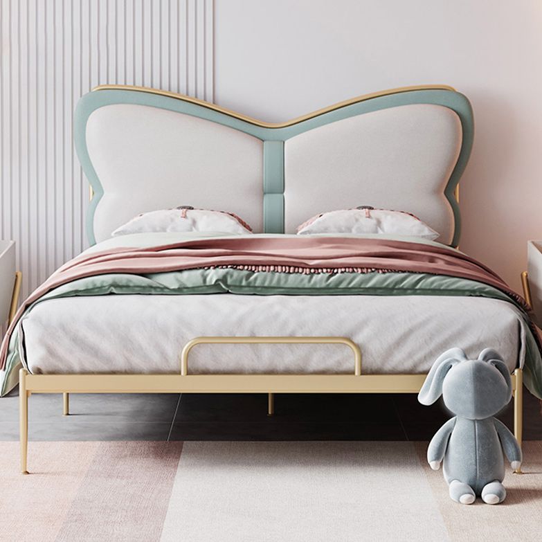 Low Profile Standard Bed Gold Metal Bed Frame with Upholstered Headboard