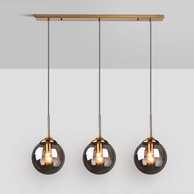 Minimalistic Spherical Multi Ceiling Light Glass 3-Bulb Dining Room Suspension Pendant in Brass