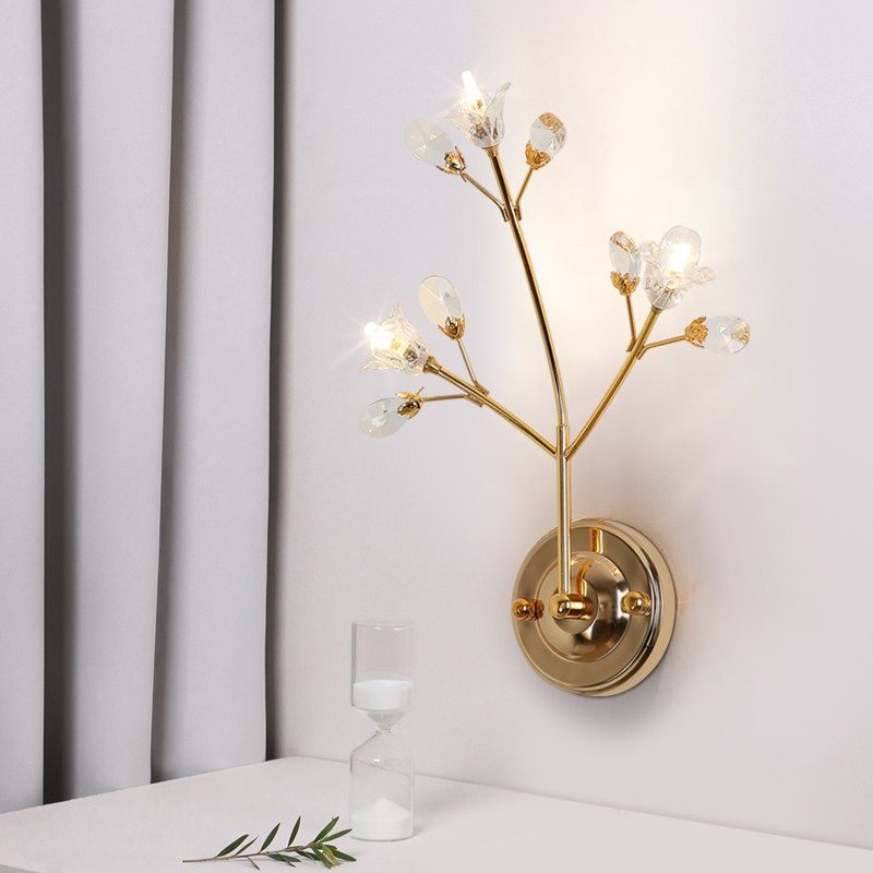 Crystal Flower and Leaf Wall Light Fixture Simple Style 3 Lights Gold Wall Sconce Light