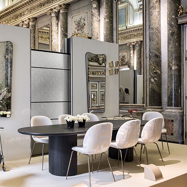 Mesa de comedor moderna ovalada Mesa fija negra con base de pedestal doble