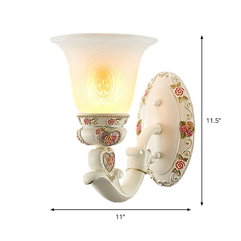 Conical Living Room Sconce Light Countryside Ribbed Milky Glass 1/2-Bulb White Wall Lighting Fixture with Floral Decor